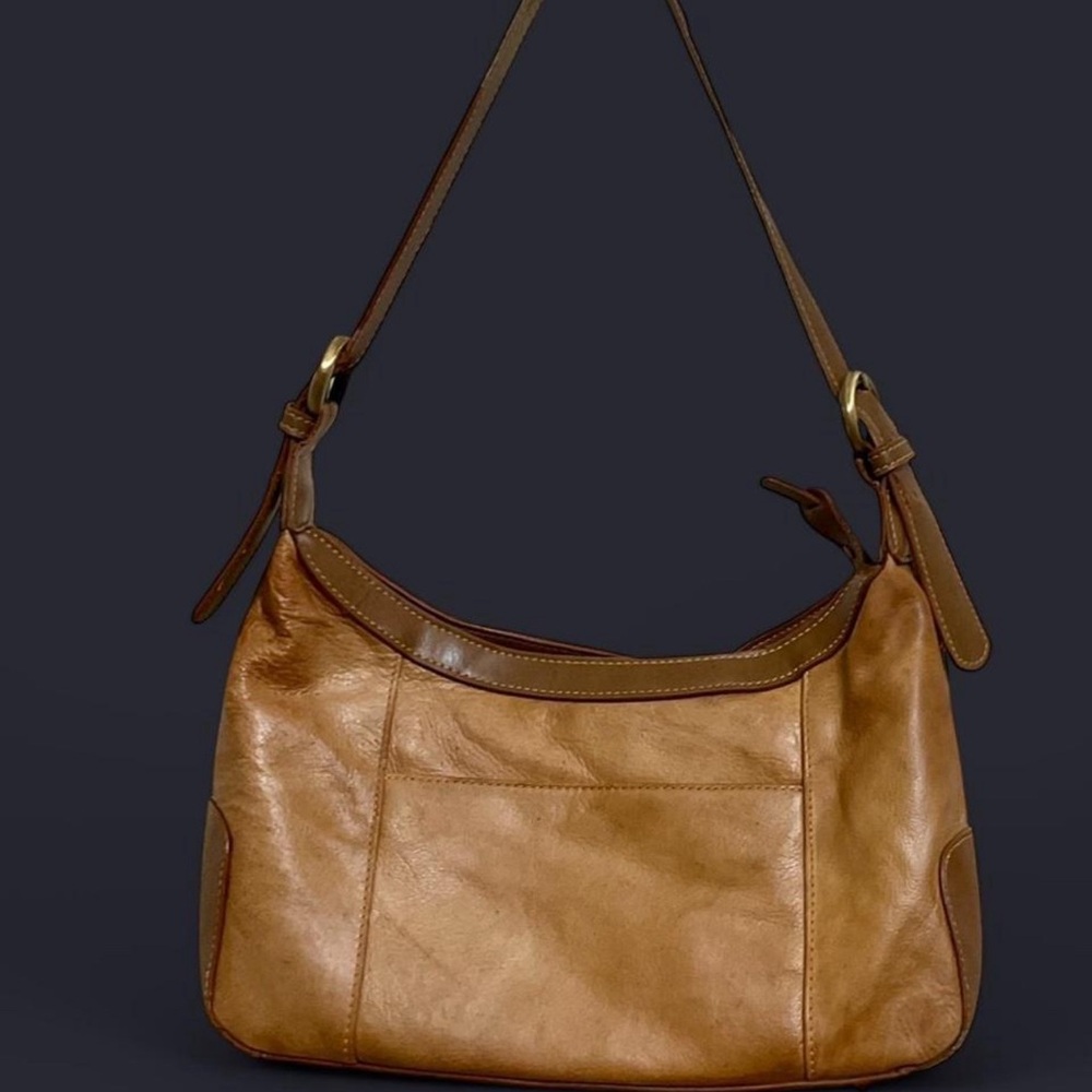 Tan Leather Crescent Shoulder Bag with Gold Hardware